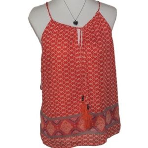 Orange Boho Inspired Sleeveless Tassel Blouse